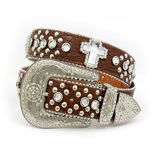 Belt - Rhinestone Leather Belt - Croc Embossed w/ Cross Charms - Brown Color - BLT-CRS149CBBR