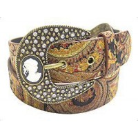 Belt - Studded w/ Jeweled Cameo Buckle - Brown Color - BLT-TO31097BN