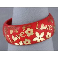 Bangle - Acrylic Bangle w/Loves &Flowers Bracelets - Red - BR-OB00182RED
