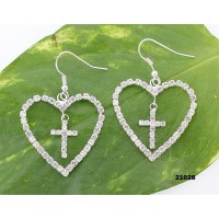 Dangling Rhinestones Heart w/ Cross Earrings - Clear - ER-21028