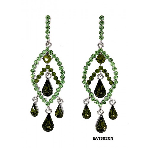 Crystal Big Leaf w/ Tear Drops Earrings - Green - ER-EA1392GN