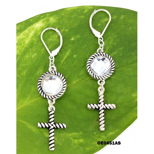 Dangling Cross Charms Earrings Antique Silver Look - ER-OE0451AS