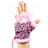 Glove - Fingerless Suede -Like Leopard Print  W/ Fur Trim