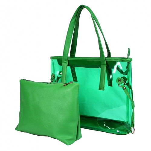 Clear PVC 2-in-1 Totes w/ Leather-like PU Trim - Green