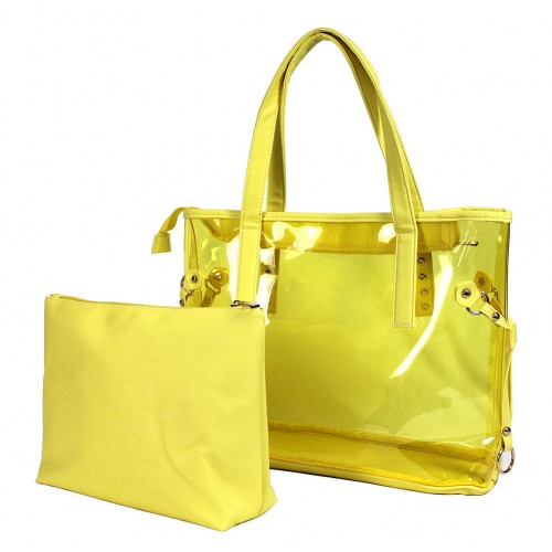 Clear PVC 2-in-1 Totes w/ Leather-like PU Trim - Yellow