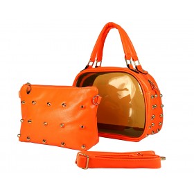Clear PVC 2-in-1 Satchel w/ Metal Studded Leather-like PU Trim - Orange