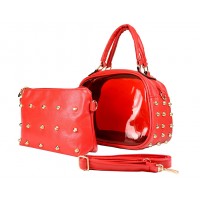 Clear PVC 2-in-1 Satchel w/ Metal Studded Leather-like PU Trim - Red