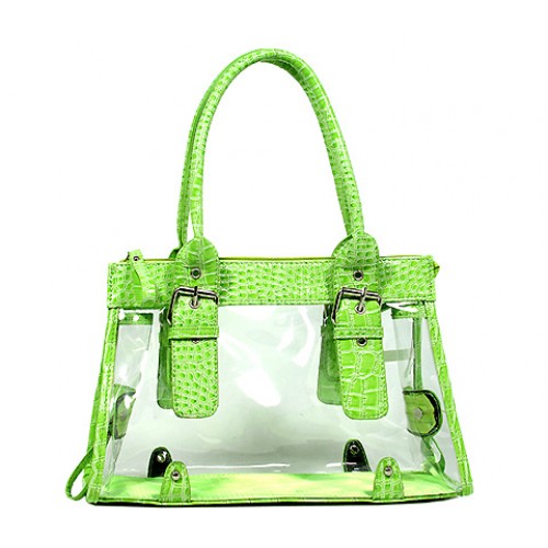 Clear PVC Tote Bag w/ Croc Embossed Patent Leather-like Trim - Green - BG-CLR002GN