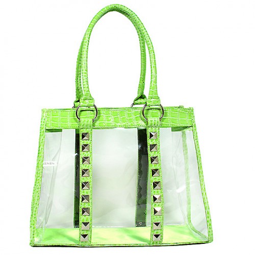 Clear PVC Tote Bag - Croc Embossed Patent Leather-like Trim w/ Pyramid Studs - Green- BG-CLR003GN