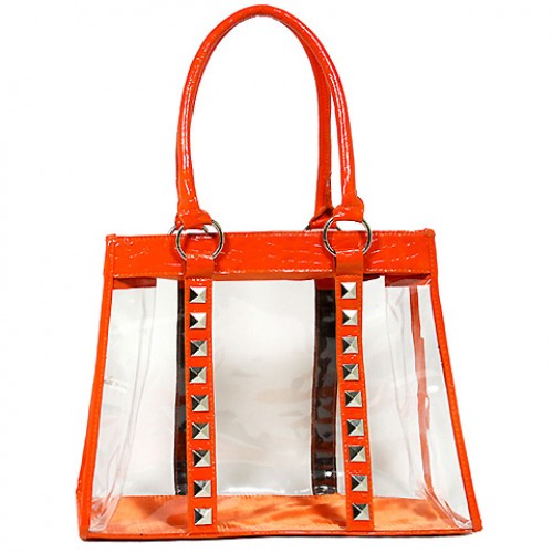 Clear PVC Tote Bag - Croc Embossed Patent Leather-like Trim w/ Pyramid Studs - Orange - BG-CLR003OG