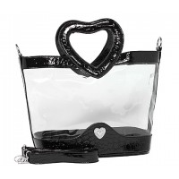Clear PVC Satchel - Croc Embossed Patent Leather-like Trim w/ Open Heart Shape Handles - Black - BG-CLR004BK