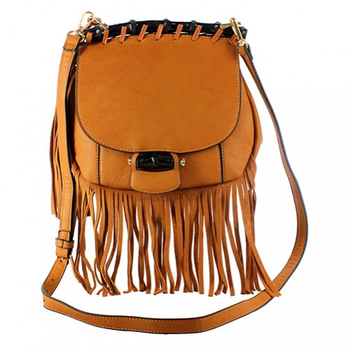 Messenger Bag w/ Genuine Leather Fringes - Tan - BG-A43810TN