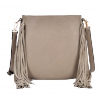 Messenger Bag w/ Genuine Leather Fringes - Taupe