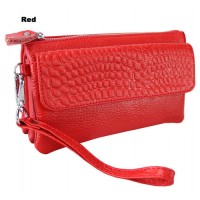 Clutch-Genuine Leather - Multi Compartments w/ Detachable Wristlet & Strap - Red Color - BG-YM608RD