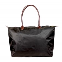 Nylon Large Shopping Tote w/ Leather Like Handles - Brown -BG-HD1293BR