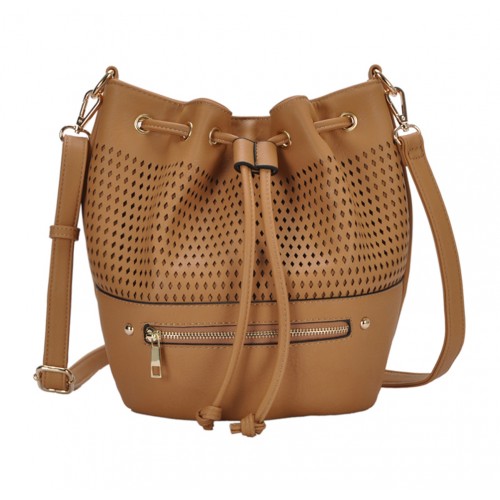 Draw String Bucket Bag w/ Detachable Shoulder Strap - Camel