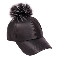 Baseball Cap - Faux Leather With Detachable Faux Fox Fur Pom Pom - Black