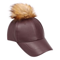 Baseball Cap - Faux Leather With Detachable Faux Fox Fur Pom Pom - Brown