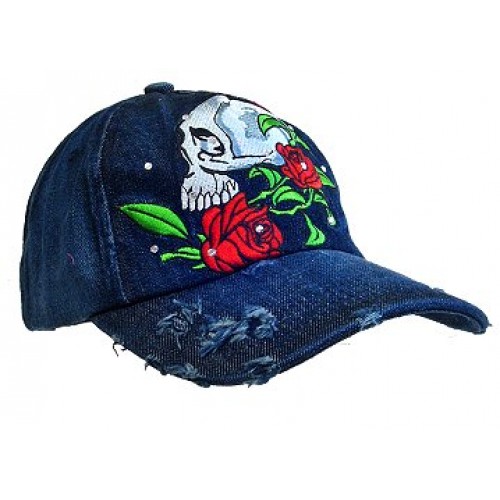 Embroidery Tattoo Cap - Horror Skull (Washed Cotton) - Denim - HT-BSH100DN