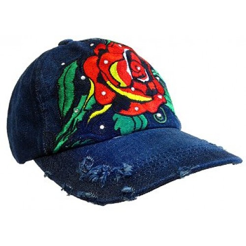 Embroidery Tattoo Cap - Rose (Washed Cotton) - Denim - HT-BSR100DN
