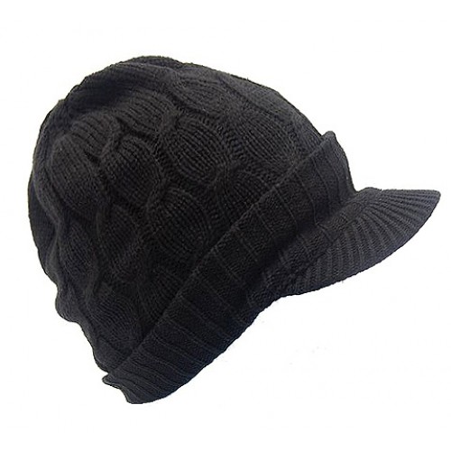 Cap - Cable Knit Visor Beanie Hats - Black Color - HT-9874BK