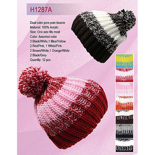 Cap - Mulit Color Knitted Beane W/ Pom Pom - HT-H1287A
