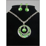 Gift set: Swarovski Crystal Round Charm Necklace & Earring Set - Rhodium Plating - Green