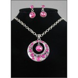 Gift set: Swarovski Crystal Round Charm Necklace & Earring Set - Rhodium Plating - Pink