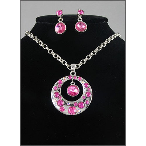 Gift set: Swarovski Crystal Round Charm Necklace & Earring Set - Rhodium Plating - Pink