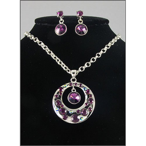 Gift set: Swarovski Crystal Round Charm Necklace & Earring Set - Rhodium Plating - Purple