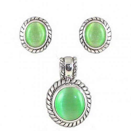 Cat Eye Oval Charm w/ Earrings Set - Emerald - NE-MCE1305ASE