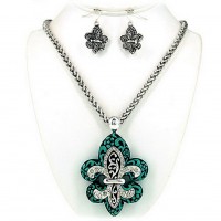 Western Style - Casting Necklace & Earrings Set w/ Fleur De Lis Charm - NE-OS01843ASTQS