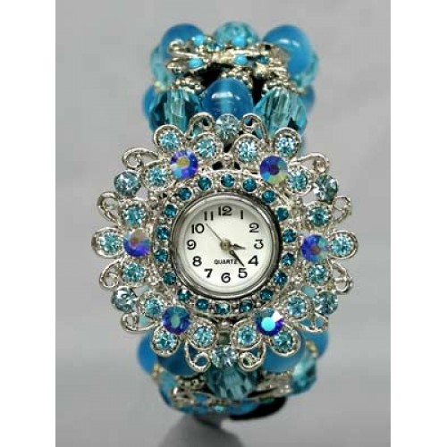 Bracelet Watch - Rhinestones w/ Multi Beaded Stretchable Bracelet – Blue - WT-KH07232BL 