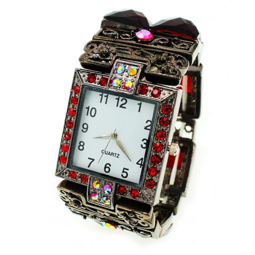 Bracelet Watch - Rhinestones w/ Multi Beaded Stretchable Bracelet - Red - WT-KH11486RD