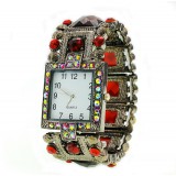 Bracelet Watch - Rhinestones w/ Multi Beaded Stretchable Bracelet - Red - WT-KH11495RD