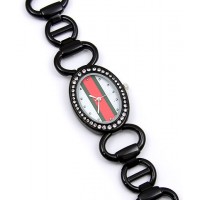 Lady Watch - Metal Link Strap w/ Red & Green Striped Design - Black - WT-L3070BK