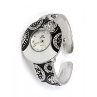 Lady Watch - Paved Rhinestone & Engraved Floral Cuff - Black/White -WT-L80636BK-WT
