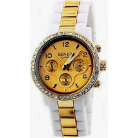 Lady Watch - Two-tone Metal Band w/ Rhinestone Accent - White/Gold m- WT-MN7007GD-WTGD