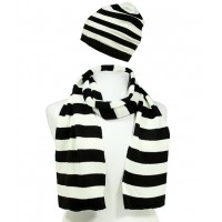Hat & Scarf Set - Knitted Stripes Set - HTSF-TO103BKWT