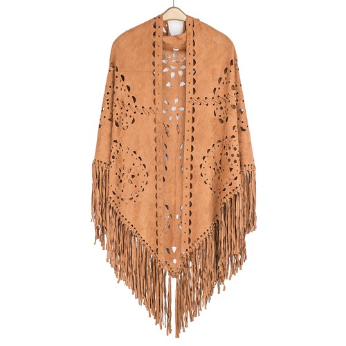 Poncho/ Shawl - Faux Suede Wrap with Laser Cut Graphic and Fringed Hem - Tan - SF-FW812TN
